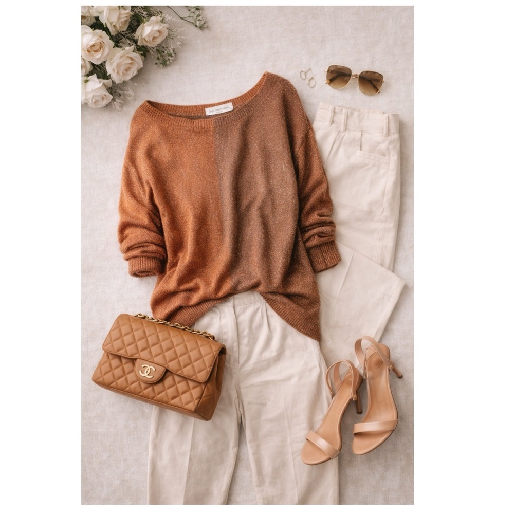 GIGI MODA $141 Argento Dual Toned Sweater Rust Brown Metallic Thread Italy Made - Picture 5 of 16